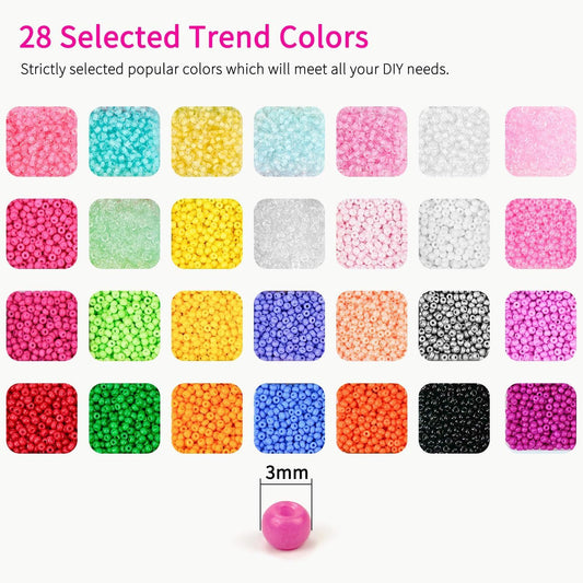 Paodey 12,000pcs 3mm Uniform Seed Beads Size 8, 1000 Pcs Letter Beads 28 Colors Loom Seed Beads for Jewelry Making, Tiny Beads for Bracelets Making