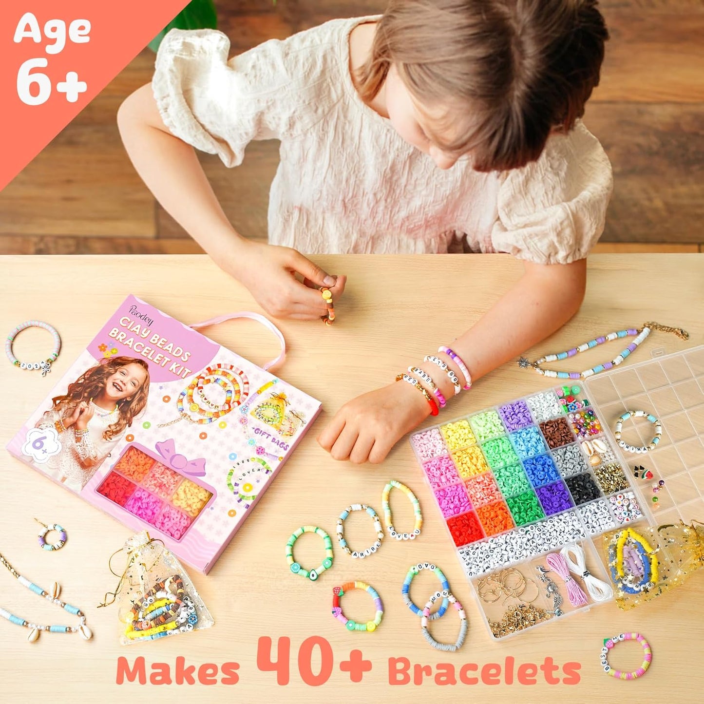 Paodey Girls Gifts Bracelet Making Kit, 20 Colors Polymer Clay Beads with Charms Arts and Crafts Kit Jewelry Making Set Birthday Gift Idea Girl Toys Gifts Party Favors for Kids Ages 6-13