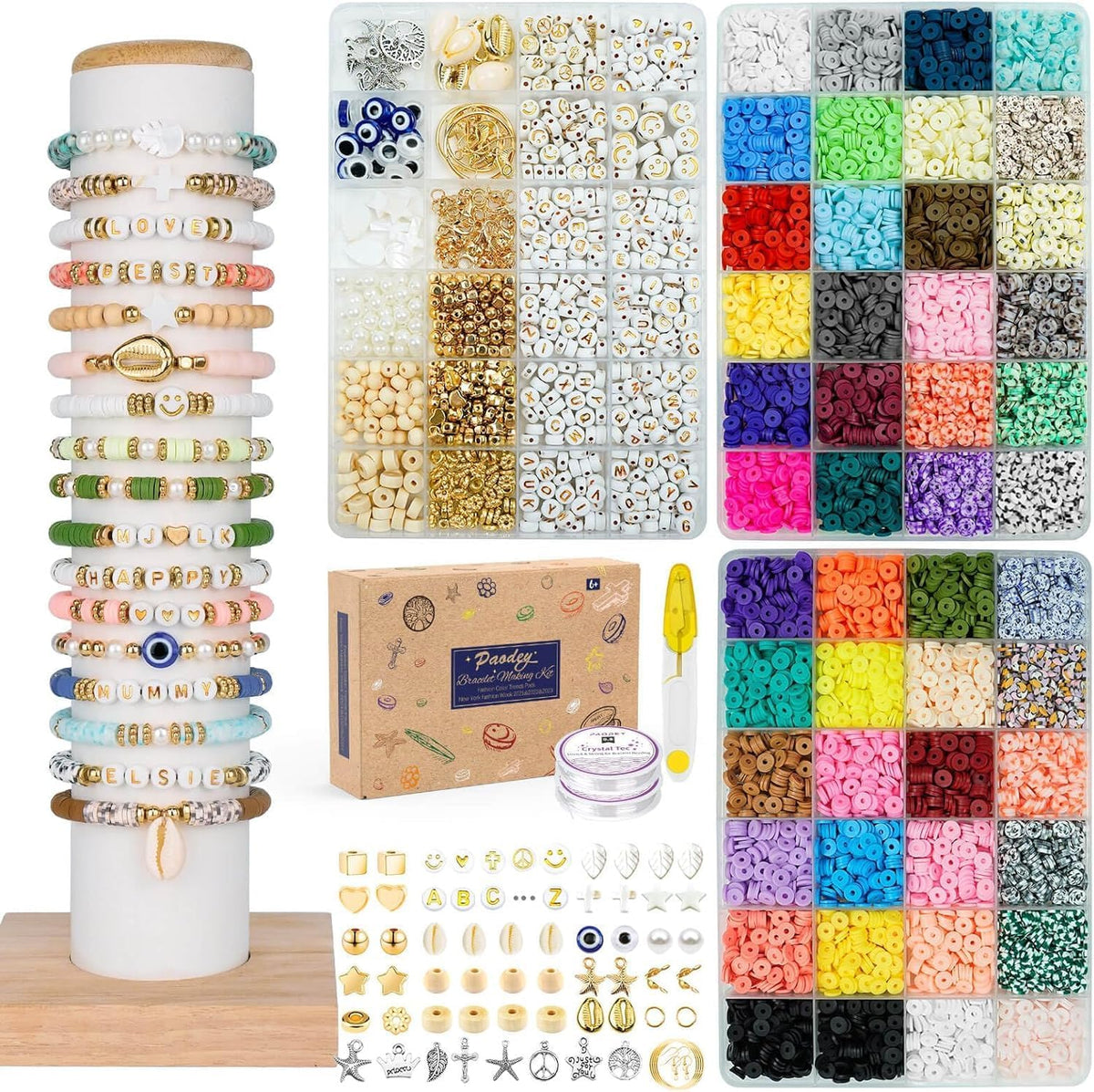 Paodey Bracelet Making Kit, 10,000 Pcs Polymer Clay Beads, 48 Colors Round Letter Beads Jewelry Making Kit Friendship Bracelets Heshi Beads with Charms Strings Crafts Gift for Girls Adults
